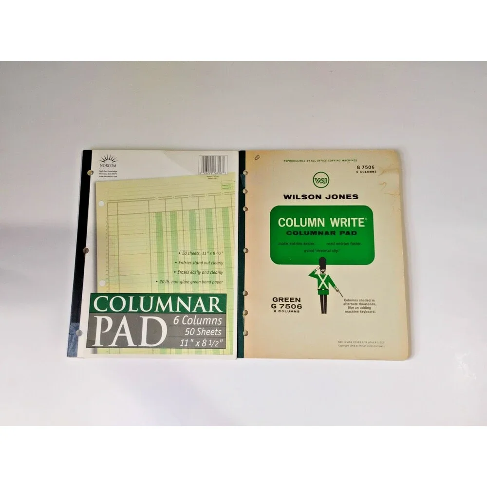 Set of 2 vintage accounting ledgers, both 6-column, 50 pages, green  New
